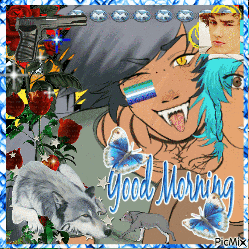 a picture of a wolf and a man with the words good morning on the bottom