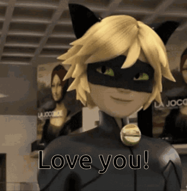 a cartoon character says " love you " while wearing a mask