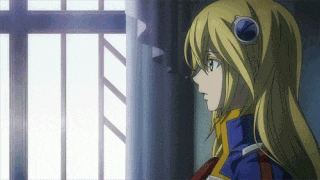 a girl with long blonde hair and goggles on her head looks out a window