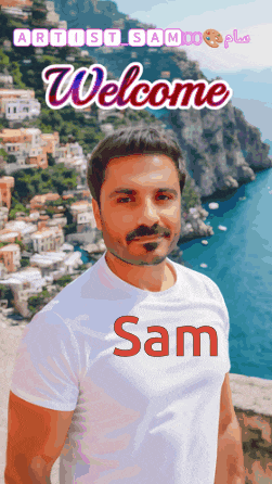 a man in a white shirt that says sam on it