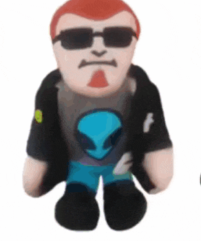a stuffed toy of a man wearing sunglasses and a black jacket .