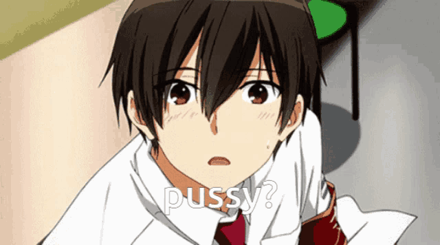 a boy in a white shirt and red tie has the word pussy written on his face
