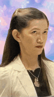 a woman with long hair is wearing a white jacket and a black shirt
