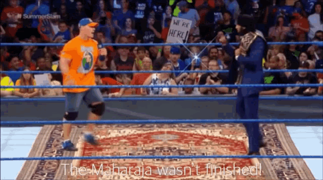 a wrestling match between john cena and a man in a suit