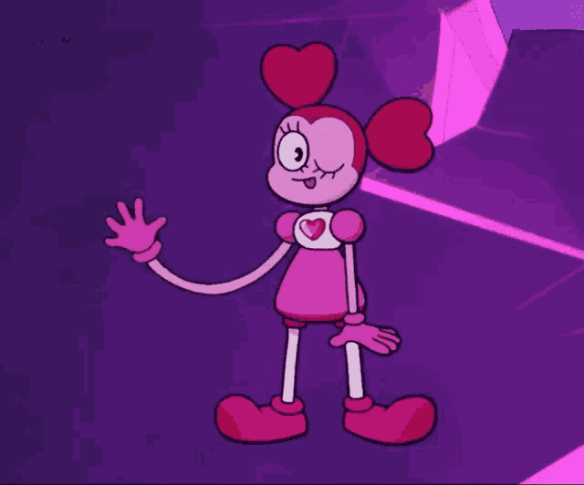 a pink cartoon character with a heart on her chest is waving
