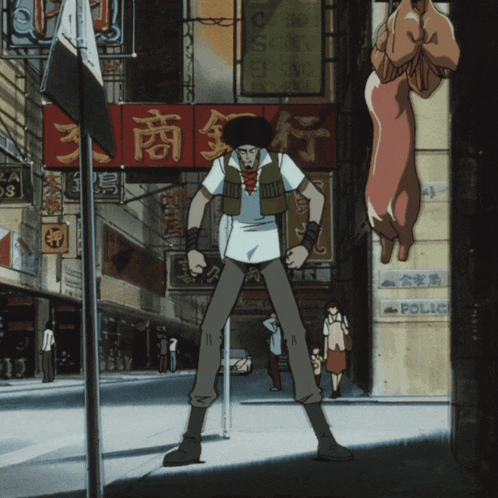 a man stands in front of a chinese sign that says police