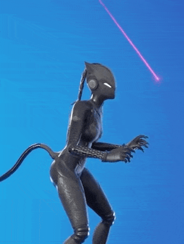 a woman in a catsuit is standing in front of a blue sky .