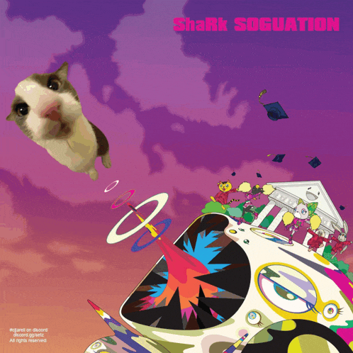 a shark soguation poster with a cat and a building in the background