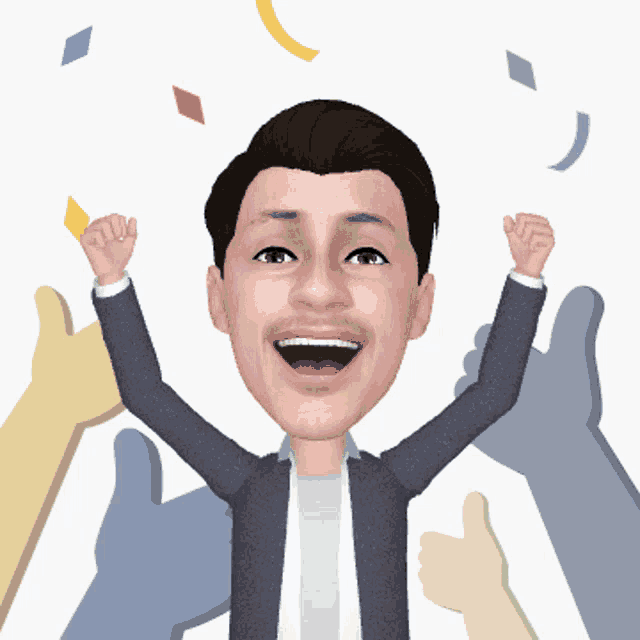 a cartoon of a man with his arms in the air surrounded by thumbs up hands