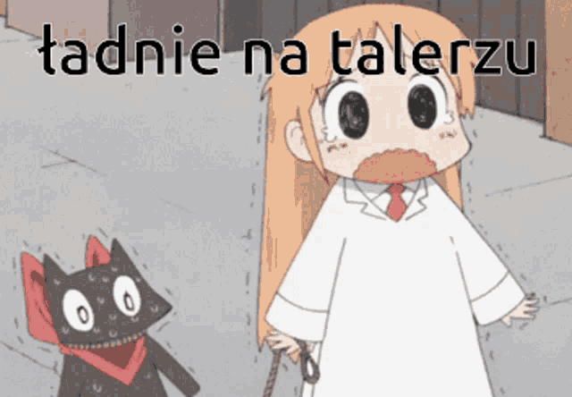 a cartoon of a girl standing next to a black cat with the words tadzie na talerzu written above her
