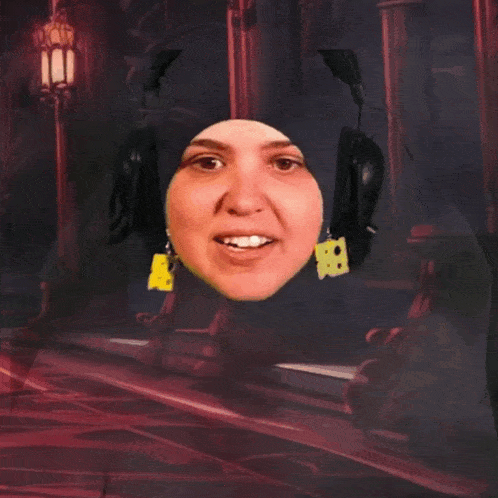 a woman wearing headphones and cheese earrings looks at the camera with her mouth open