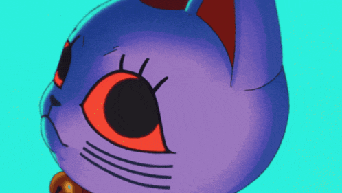 a purple cat with red eyes and a collar