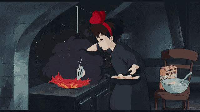a girl is cooking in front of a fire with a box of kiki 's kiki 's