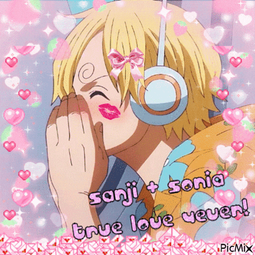 a picture of a boy with headphones and the words sanji + sonia true love yeuer