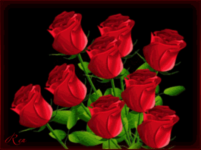 a bunch of red roses on a black background with ren written on the bottom
