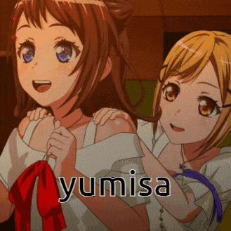 two anime girls are standing next to each other with yumisa written on the bottom right