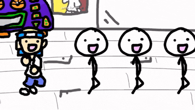 a group of stick figures are standing next to each other and one has a purple hat on his head