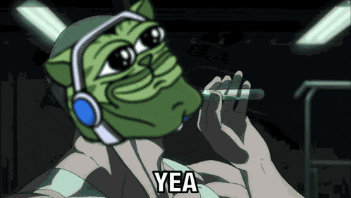 a cartoon of a cat with headphones and the word yea