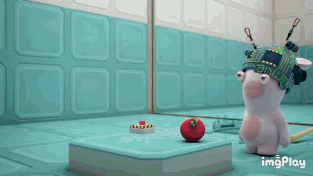 a stuffed animal with a helmet on looks at a tomato on a table with imgplay written below it