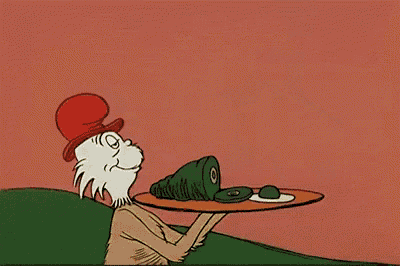 a cartoon of cat in the hat holding a tray