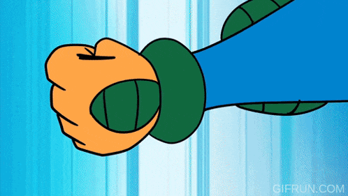 a cartoon character 's fist is against a blue background with gifrun.com written on the bottom