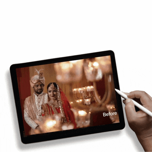 a tablet with a picture of a bride and groom and the word before