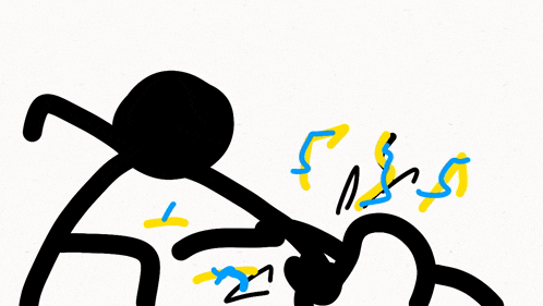a drawing of a stick figure with yellow and blue arrows pointing at it