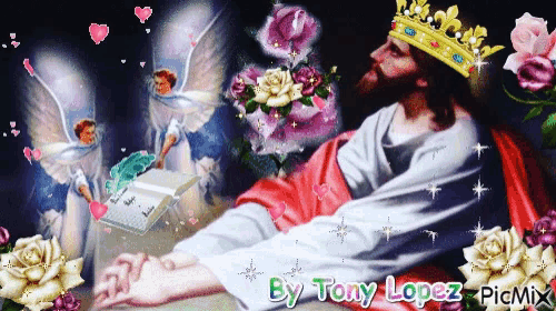 jesus wearing a crown is surrounded by flowers and angels