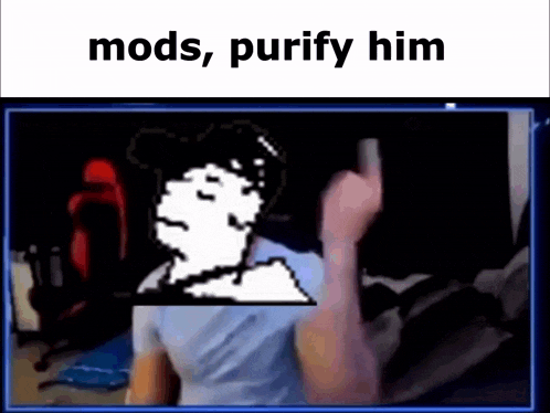 a pixel art of a man giving the middle finger with the words mods , purify him above him .