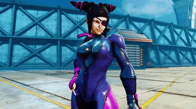a woman in a blue and purple suit with a purple eye patch