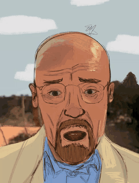 a drawing of a man with glasses and a beard has the letter m on the bottom
