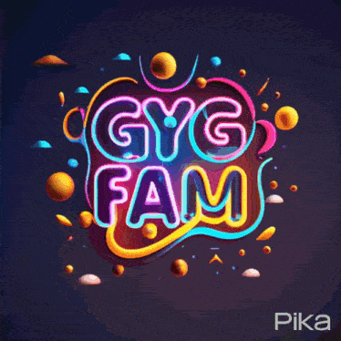 a neon sign that says gyg fam on a dark background