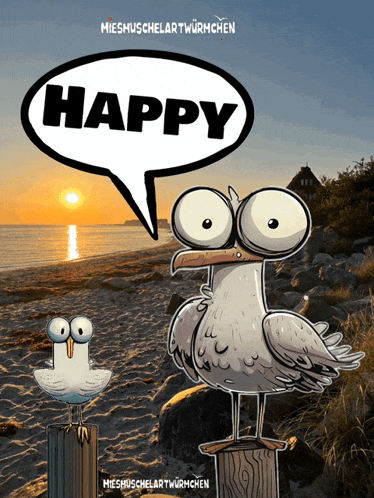 a cartoon of two seagulls on a beach with a speech bubble that says happy