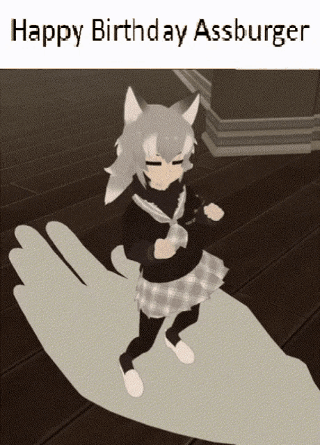 a cartoon character is being held by a large hand with the words happy birthday assburger above her
