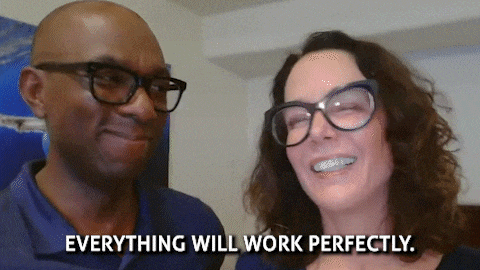 a man and a woman are smiling with the words everything will work perfectly above them