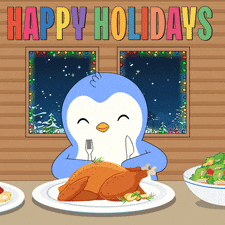 a penguin is sitting at a table eating a turkey with the words happy holidays behind him