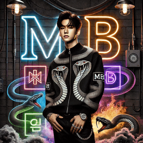 a man with a snake on his jacket stands in front of a neon sign that reads mb