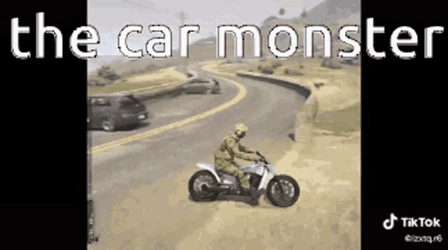 a man is riding a motorcycle down a road with the words the car monster behind him