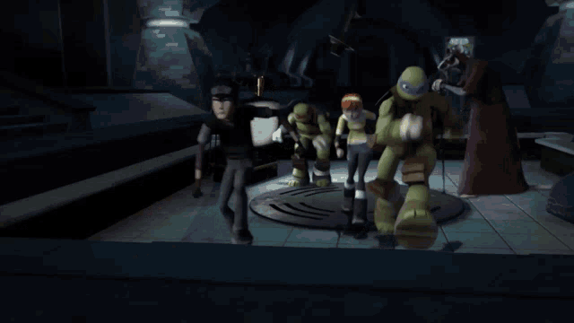 a group of teenage mutant ninja turtles are gathered together in a dark room