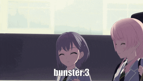 two anime girls are sitting next to each other with the words bunster 3 on the bottom right