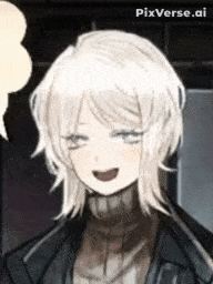 a girl with white hair is wearing a black jacket and a brown turtleneck .
