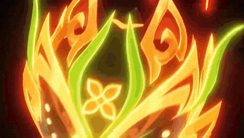 a glowing flower is surrounded by flames and leaves on a black background .