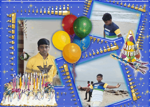 a boy in a yellow shirt is surrounded by balloons and a happy birthday sign