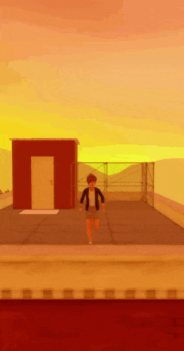 a cartoon character is walking on a rooftop at sunset