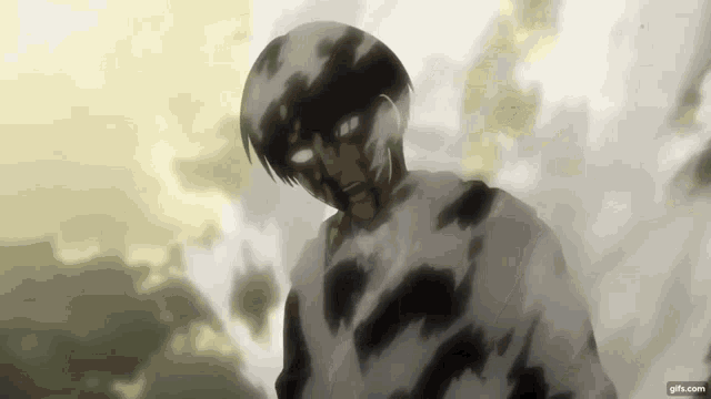 a man is standing in a field with smoke coming out of his mouth and eyes .