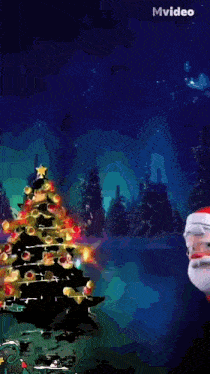 a cartoon of santa claus standing in front of a lit up christmas tree