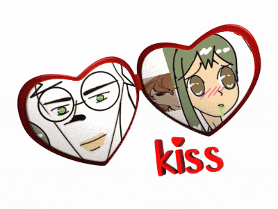 a couple of heart shaped mirrors with the word kiss on it