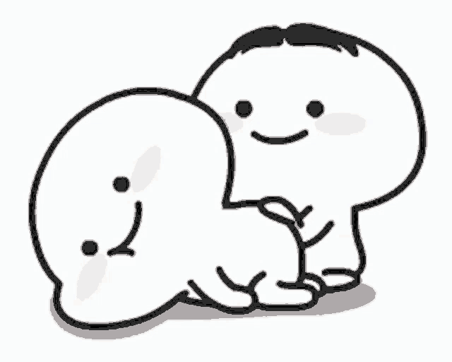 a couple of cartoon characters are hugging each other and one of them has a smile on his face .