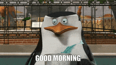 a penguin is holding a cup of water and says good morning
