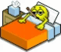a pixel art cartoon of a yellow smiley face laying in a bed with a thermometer in his mouth .